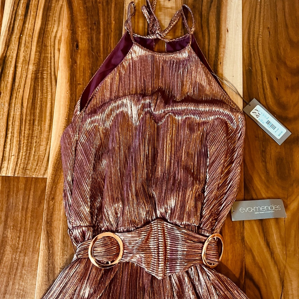Eva Mendes rose bronze/gold halter dress